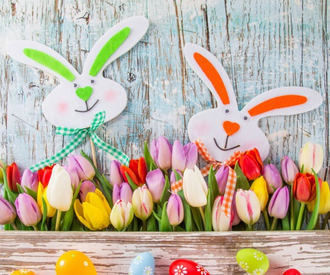 Das Easter Tulips and Hares Wallpaper 480x400