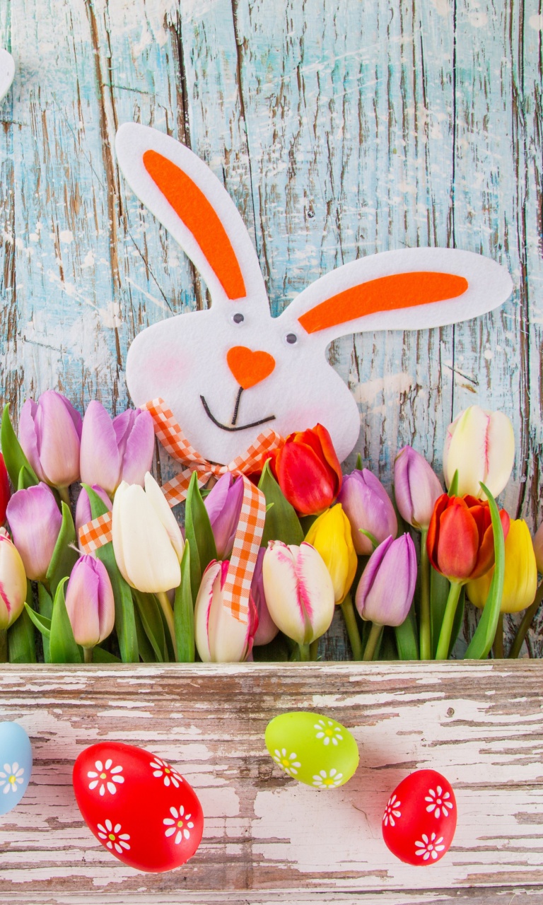 Das Easter Tulips and Hares Wallpaper 768x1280