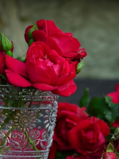Das Red roses in a retro vase Wallpaper 240x320