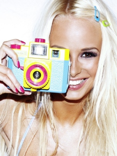 Обои Happy Blonde With Holga Photo Camera 240x320