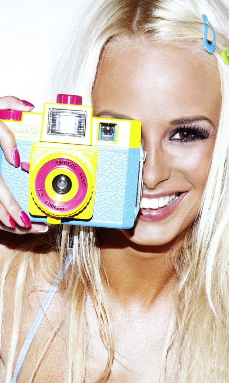 Happy Blonde With Holga Photo Camera wallpaper 768x1280