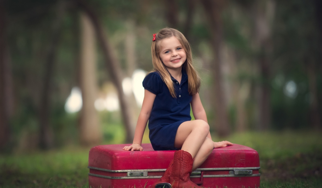 Little Girl Sitting On Red Suitcase wallpaper 1024x600