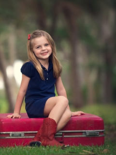 Обои Little Girl Sitting On Red Suitcase 240x320