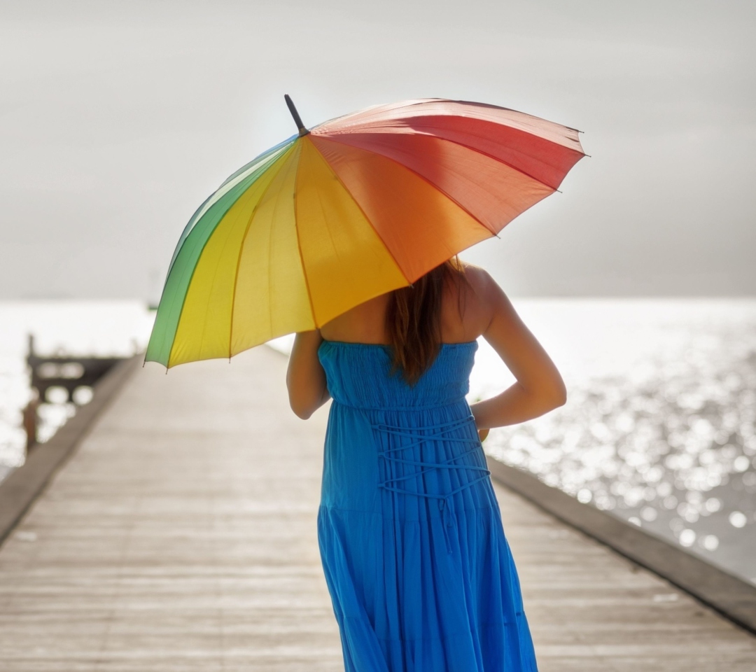 Blue Dress And Rainbow Umbrella wallpaper 1080x960