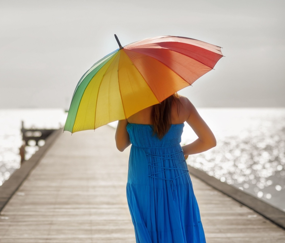 Blue Dress And Rainbow Umbrella wallpaper 1200x1024