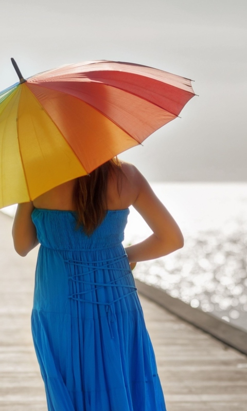 Blue Dress And Rainbow Umbrella wallpaper 480x800