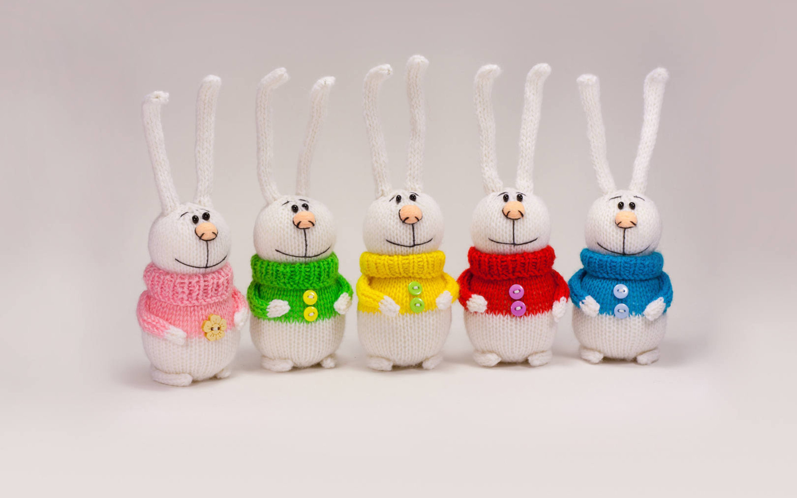 Fondo de pantalla Knitted Bunnies In Colorful Sweaters 2560x1600