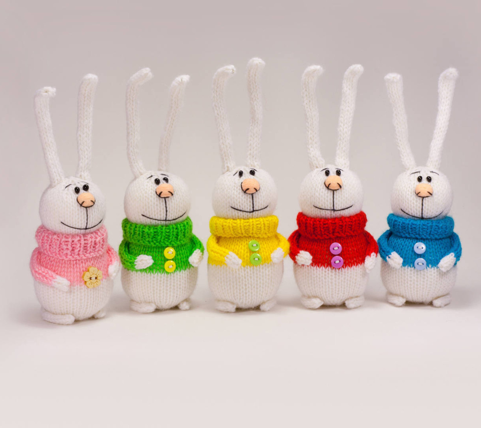 Knitted Bunnies In Colorful Sweaters wallpaper 960x854