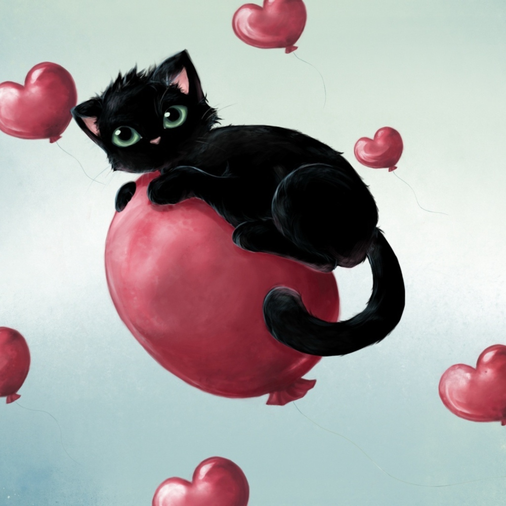 Black Kitty And Baloons wallpaper 1024x1024