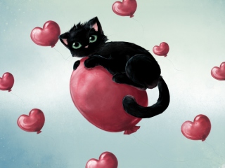 Das Black Kitty And Baloons Wallpaper 320x240