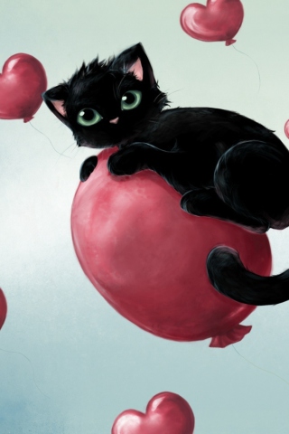 Black Kitty And Baloons wallpaper 320x480