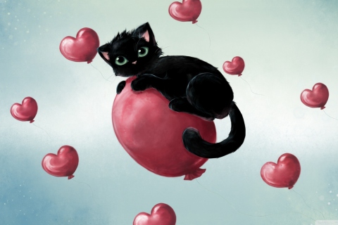 Screenshot №1 pro téma Black Kitty And Baloons 480x320