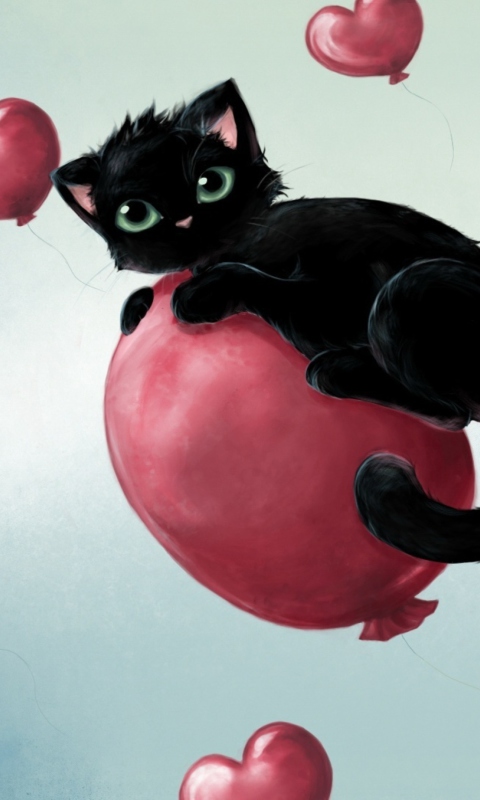 Black Kitty And Baloons wallpaper 480x800