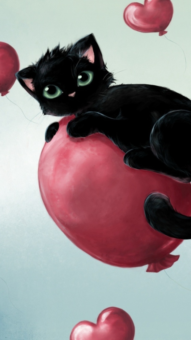 Sfondi Black Kitty And Baloons 640x1136