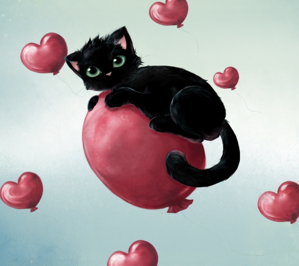 Das Black Kitty And Baloons Wallpaper 960x854