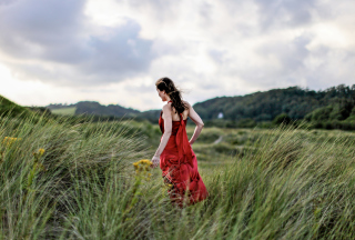 Green Grass Red Dress Picture for Android, iPhone and iPad