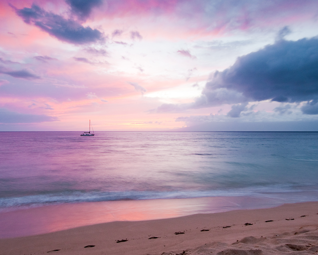 Pink Evening And Lonely Boat At Horizon wallpaper 1280x1024