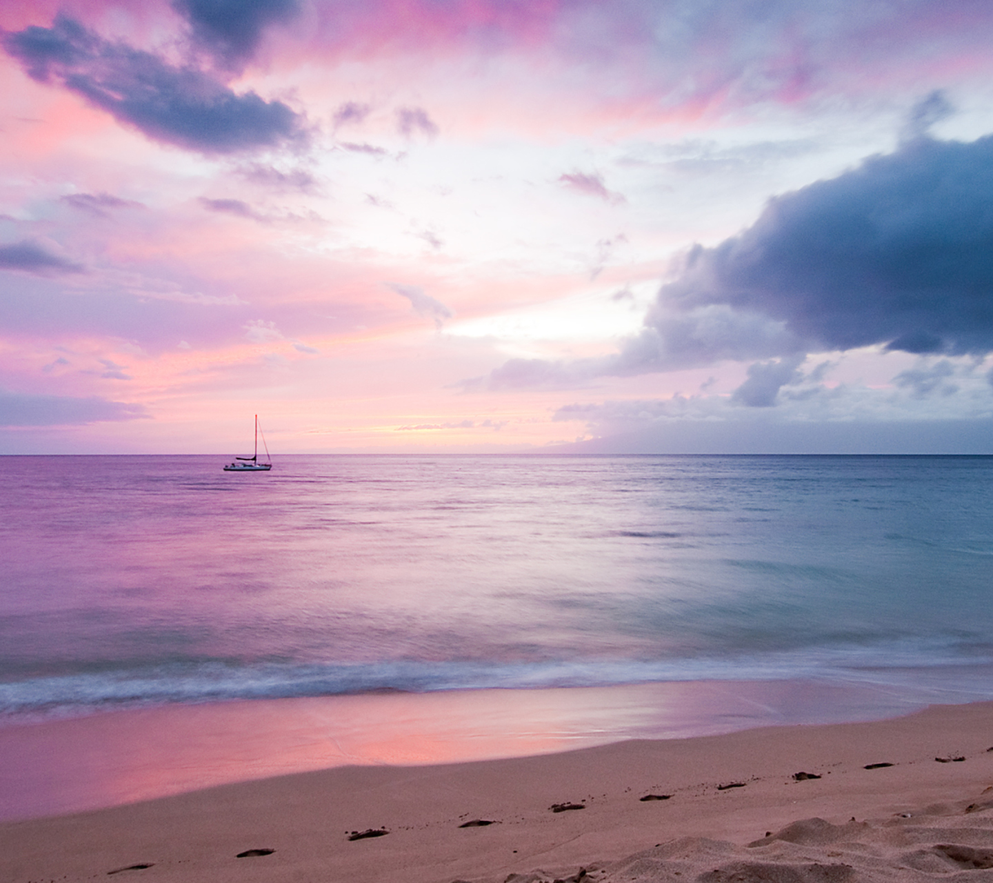 Das Pink Evening And Lonely Boat At Horizon Wallpaper 1440x1280