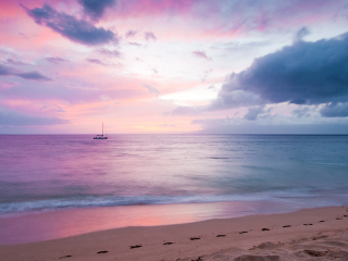 Обои Pink Evening And Lonely Boat At Horizon 320x240