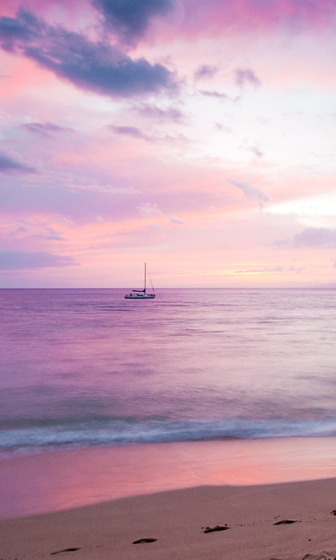 Обои Pink Evening And Lonely Boat At Horizon 480x800