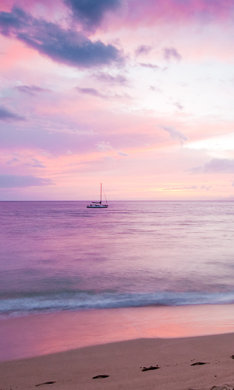 Sfondi Pink Evening And Lonely Boat At Horizon 768x1280