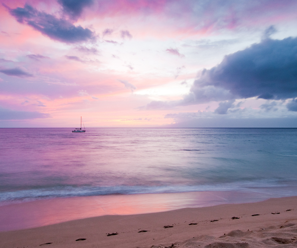 Das Pink Evening And Lonely Boat At Horizon Wallpaper 960x800