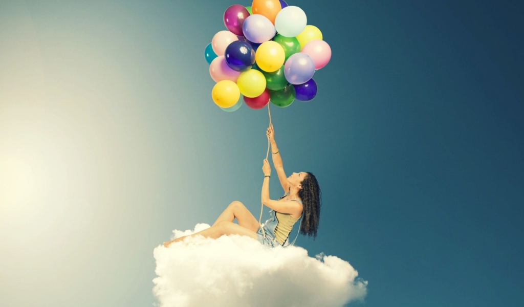 Das Flyin High On Cloud With Balloons Wallpaper 1024x600
