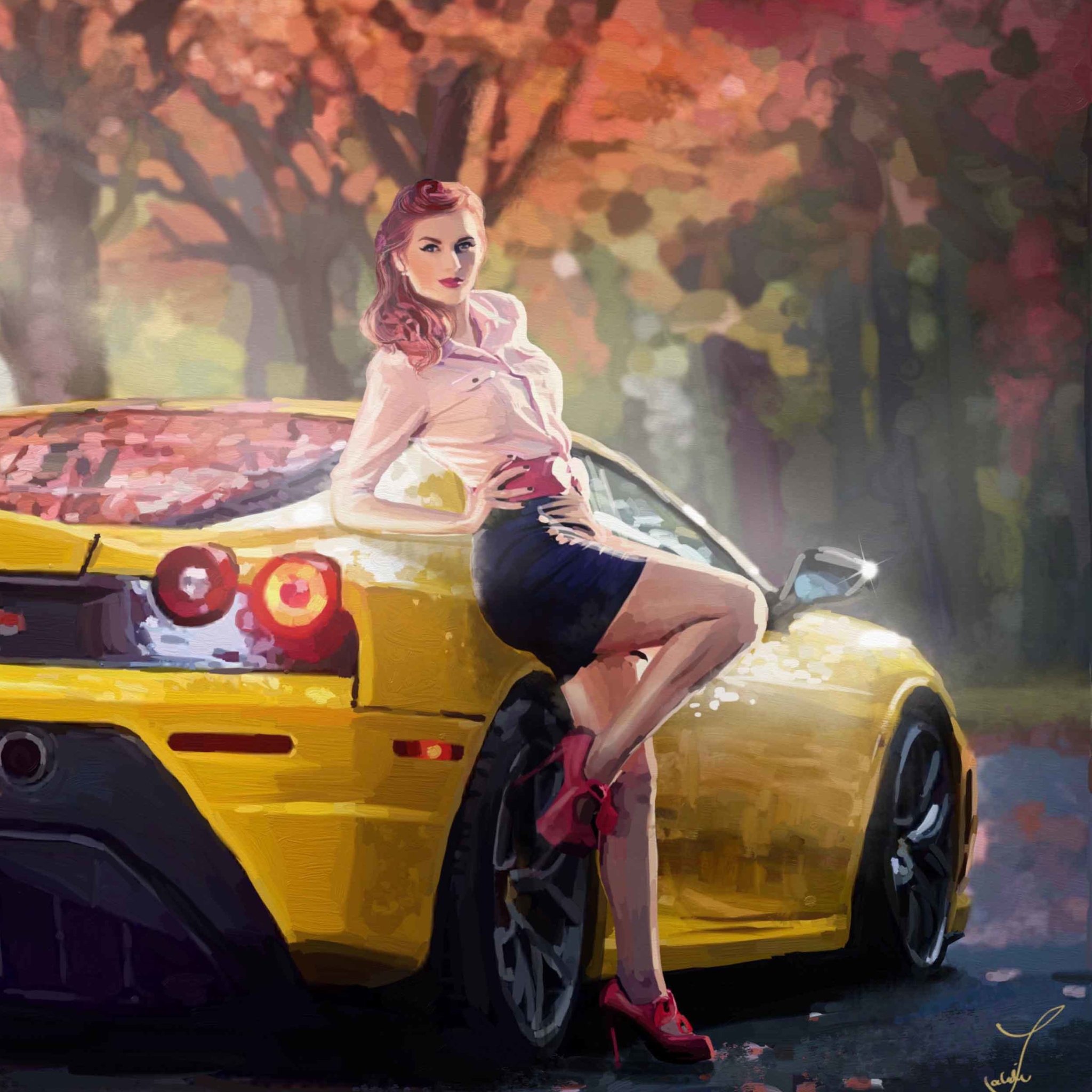 Sfondi Ferrari Girl Painting 2048x2048