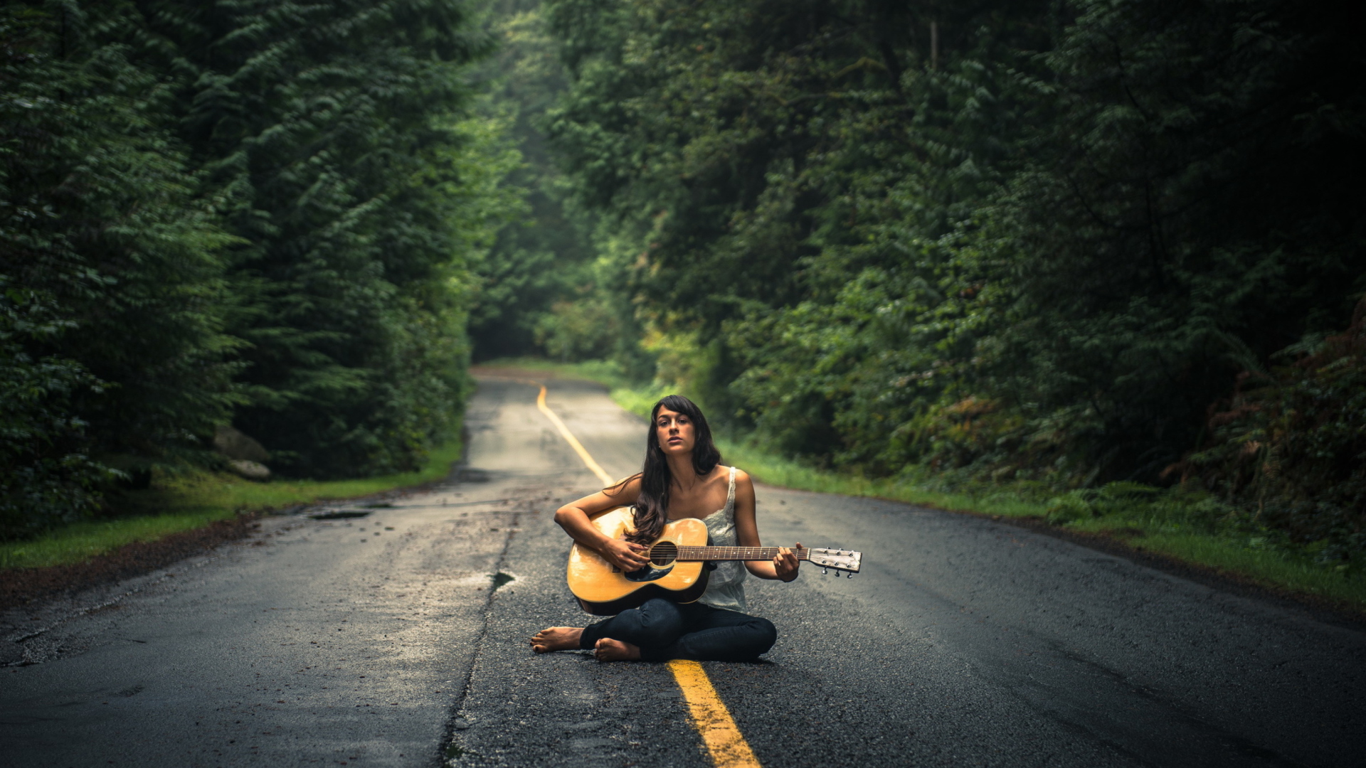 Girl Playing Guitar On Countryside Road wallpaper 1920x1080