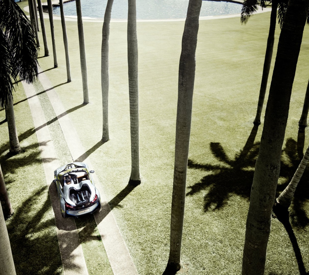Das BMW i8 Concept Spyder Under Palm Trees Wallpaper 1080x960