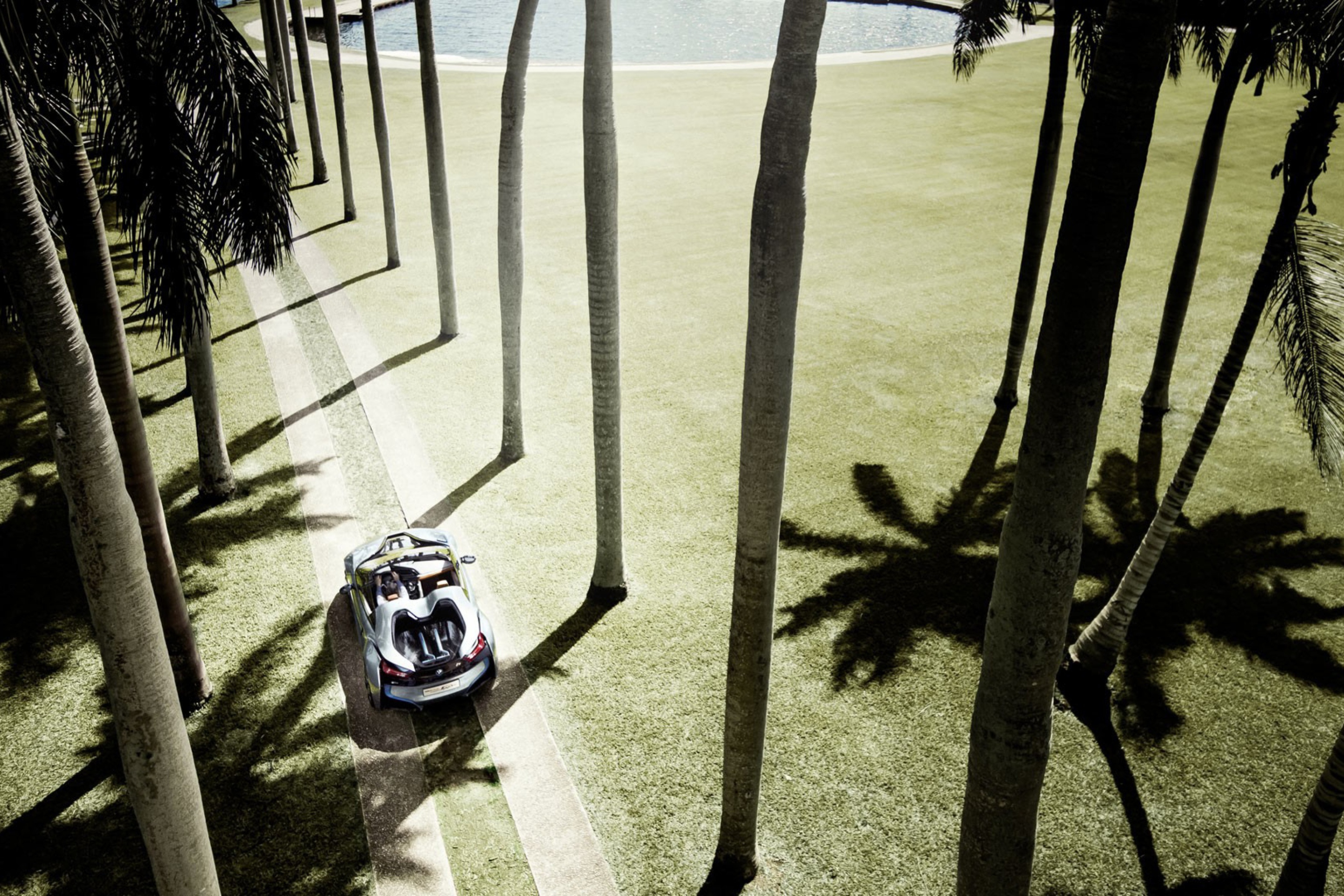 Das BMW i8 Concept Spyder Under Palm Trees Wallpaper 2880x1920