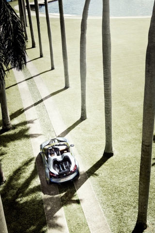 BMW i8 Concept Spyder Under Palm Trees wallpaper 320x480