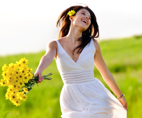 Happy Girl With Yellow Flowers wallpaper 480x400