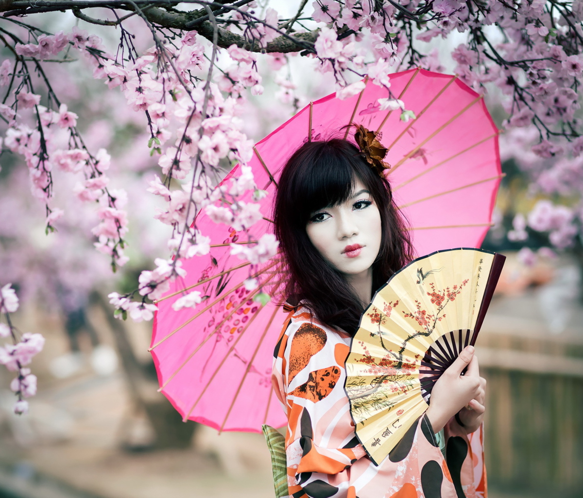 Sfondi Japanese Girl Under Sakura Tree 1200x1024