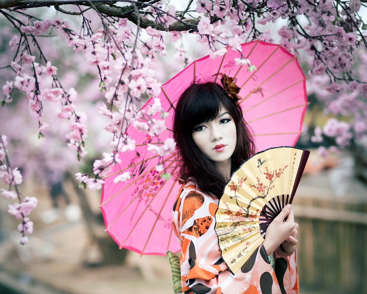 Fondo de pantalla Japanese Girl Under Sakura Tree 1280x1024