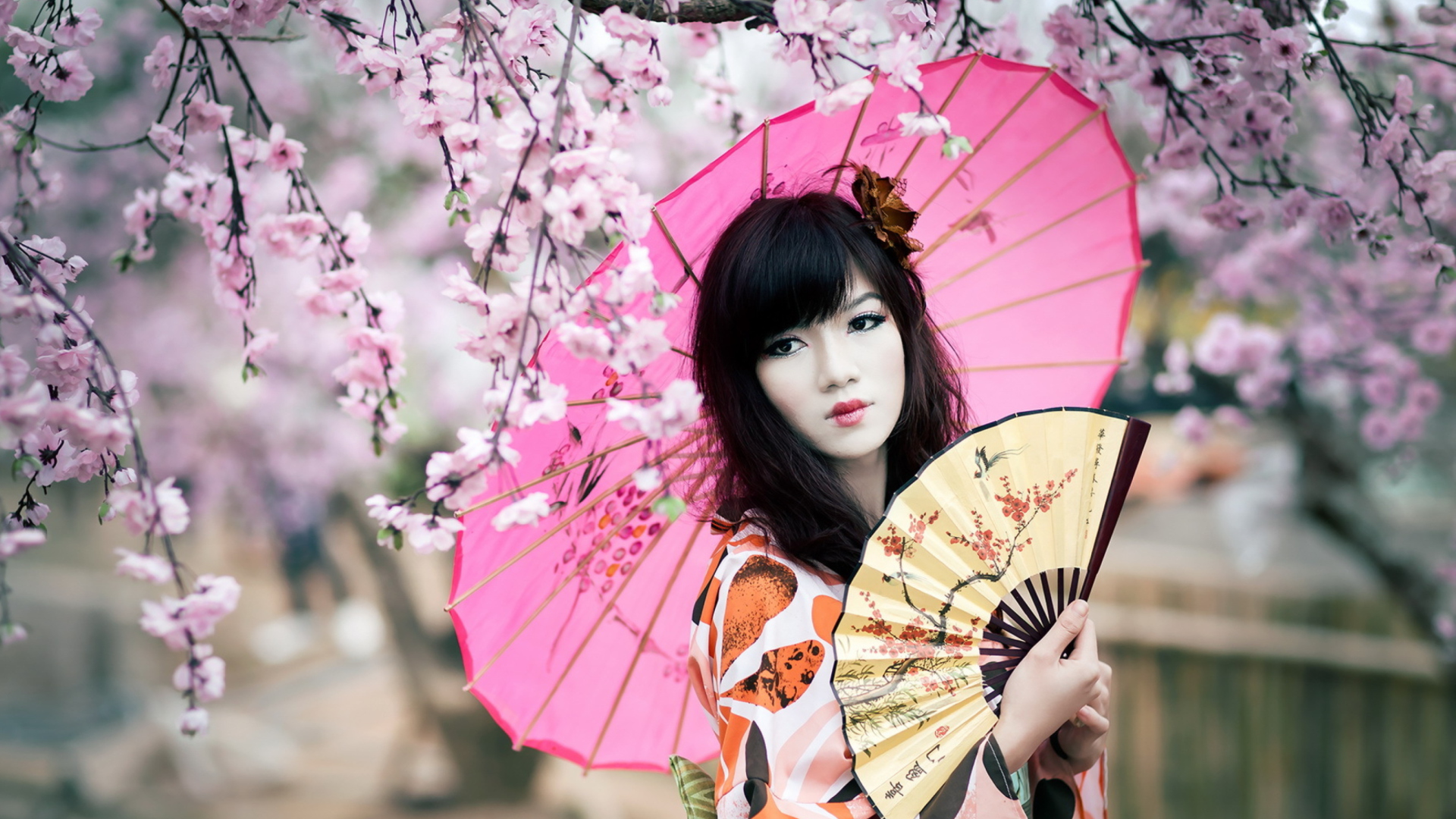 Japanese Girl Under Sakura Tree wallpaper 1920x1080