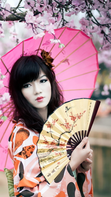 Das Japanese Girl Under Sakura Tree Wallpaper 360x640