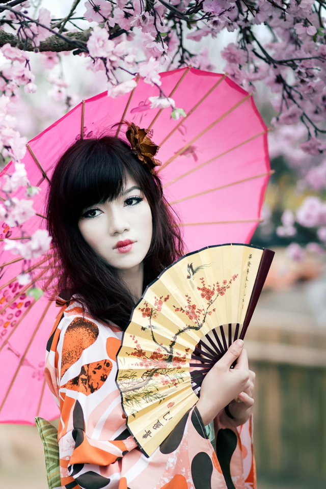 Sfondi Japanese Girl Under Sakura Tree 640x960