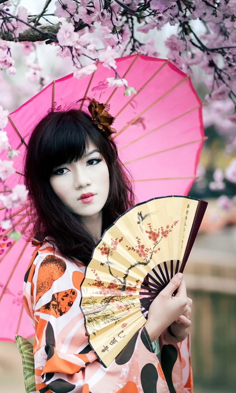 Das Japanese Girl Under Sakura Tree Wallpaper 768x1280