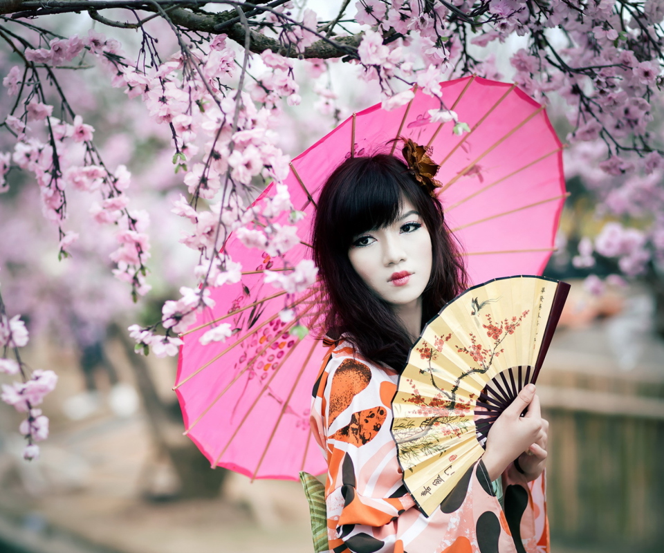 Das Japanese Girl Under Sakura Tree Wallpaper 960x800