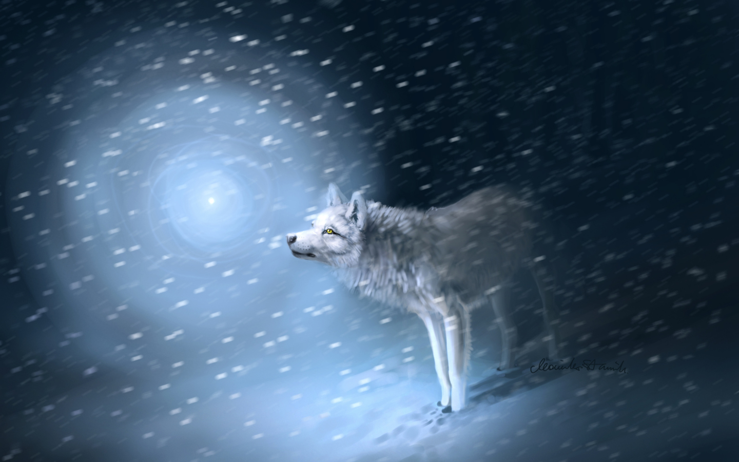 Обои Wolf And Winter Painting 1440x900