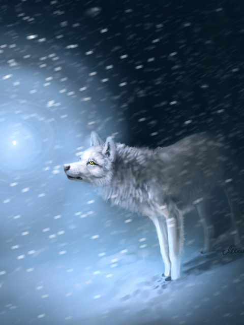 Das Wolf And Winter Painting Wallpaper 480x640