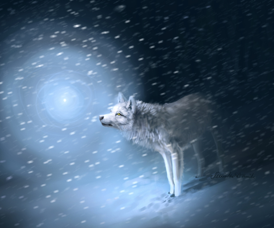 Обои Wolf And Winter Painting 960x800