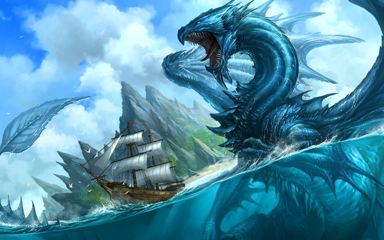 Dragon attacking on ship wallpaper 1280x800