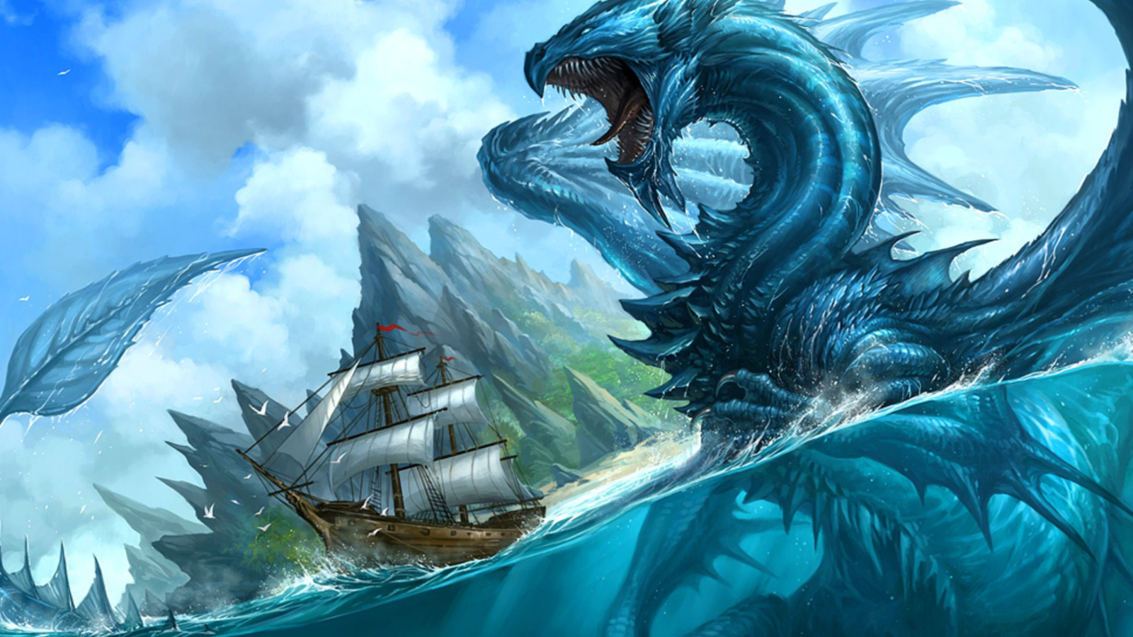 Обои Dragon attacking on ship 1600x900