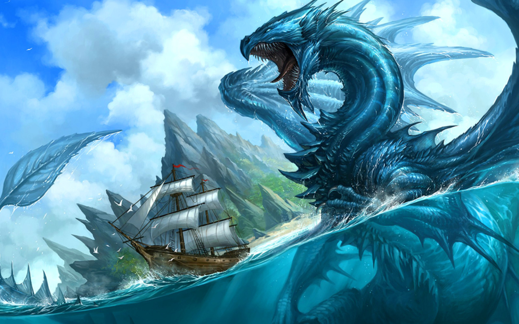 Dragon attacking on ship wallpaper 1680x1050