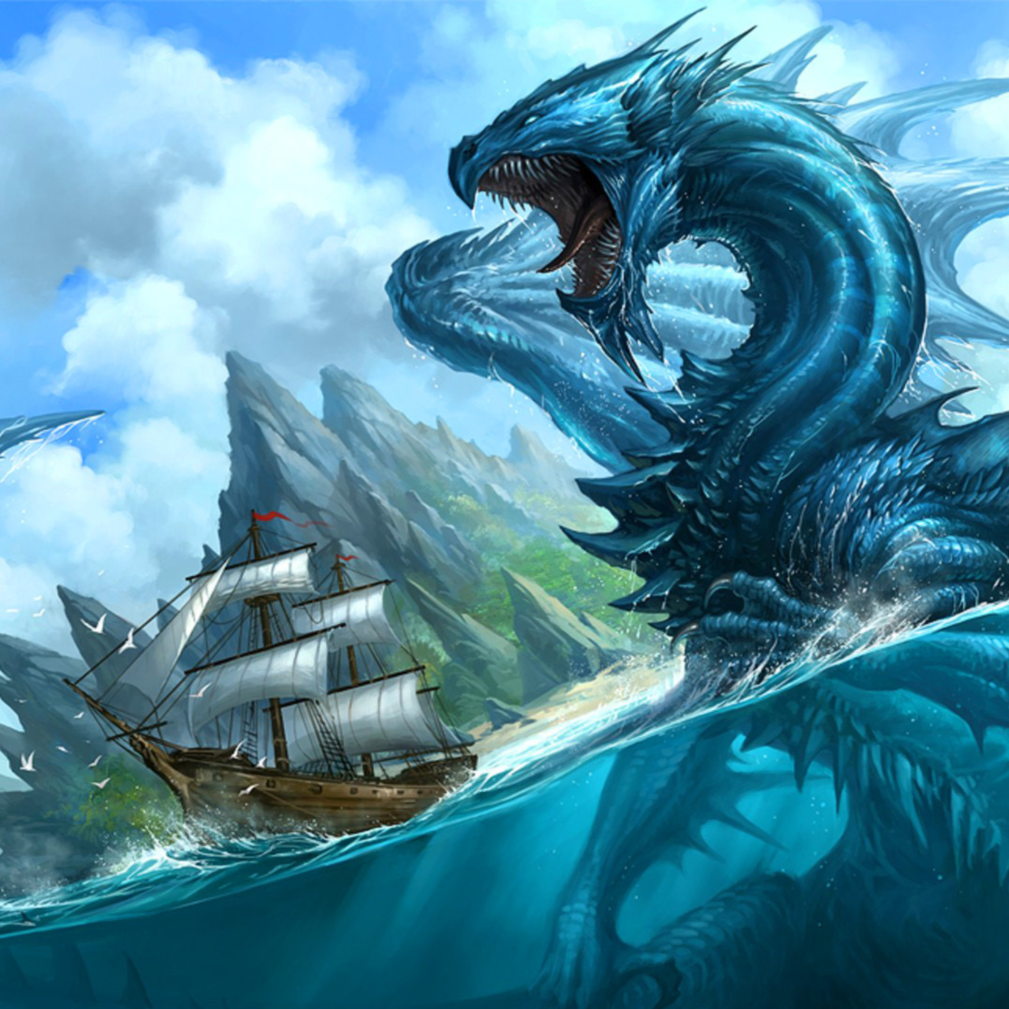 Das Dragon attacking on ship Wallpaper 2048x2048
