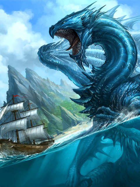 Das Dragon attacking on ship Wallpaper 480x640