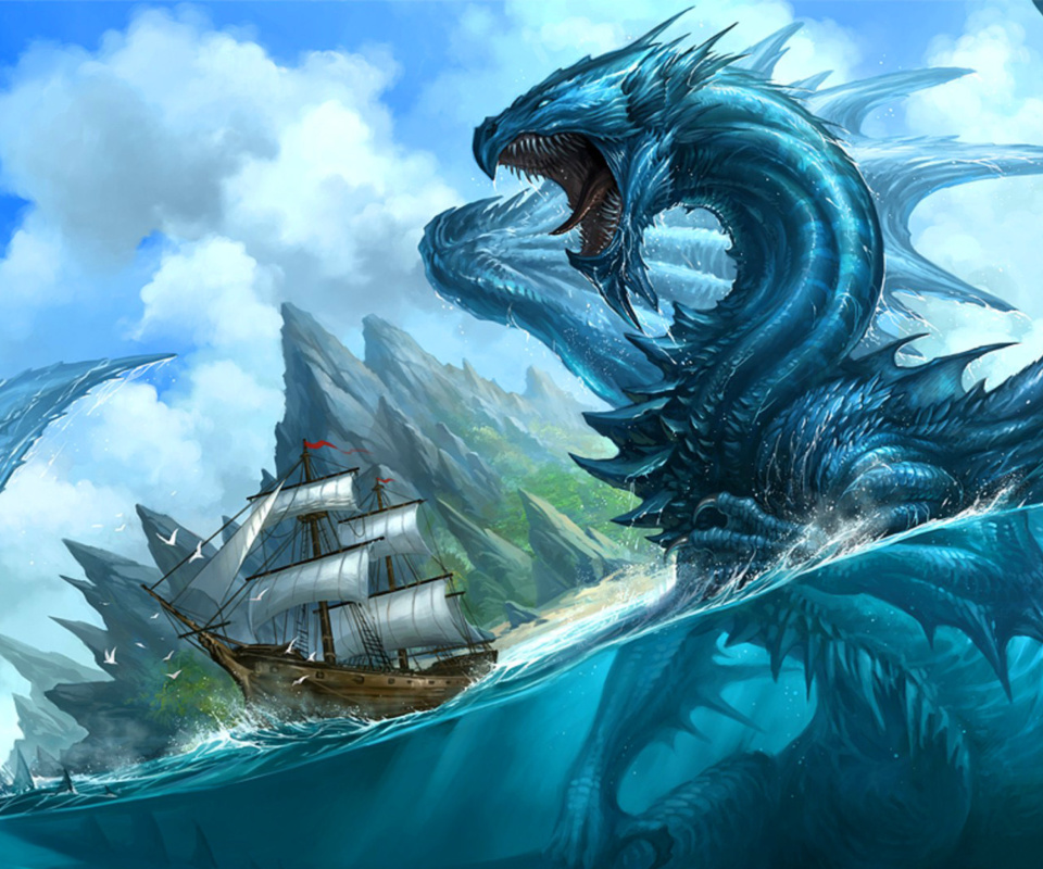 Dragon attacking on ship wallpaper 960x800