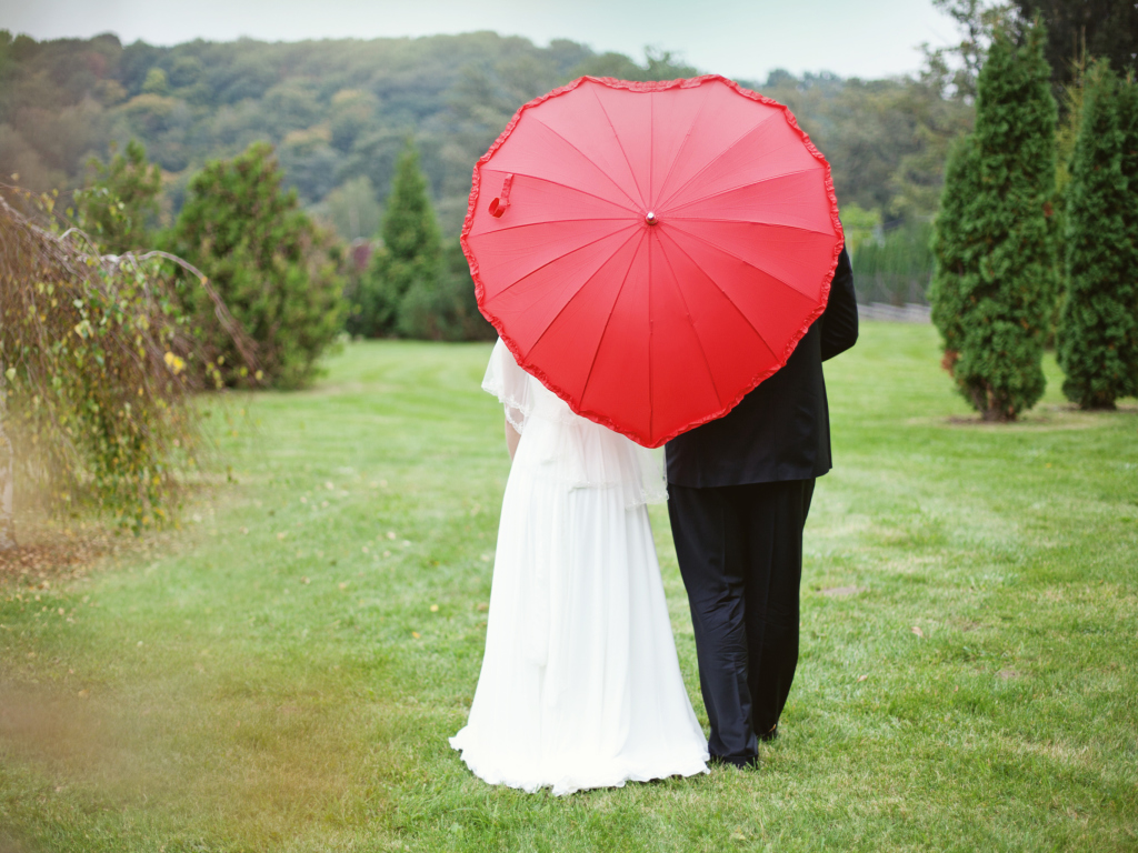 Just Married Couple Under Love Umbrella wallpaper 1024x768